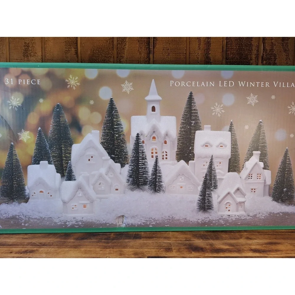 31pc Winter Village White Unglazed Porcelain Holiday Pre Lit LED Figurines, Tree